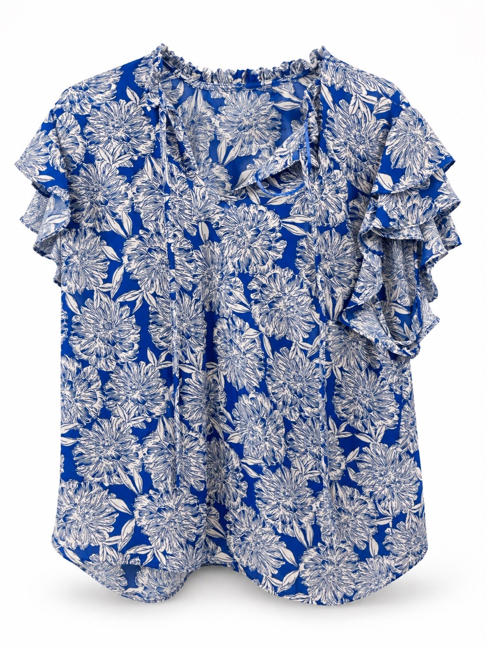 1. State Royal Blue Floral Ruffle Sleeve Blouse